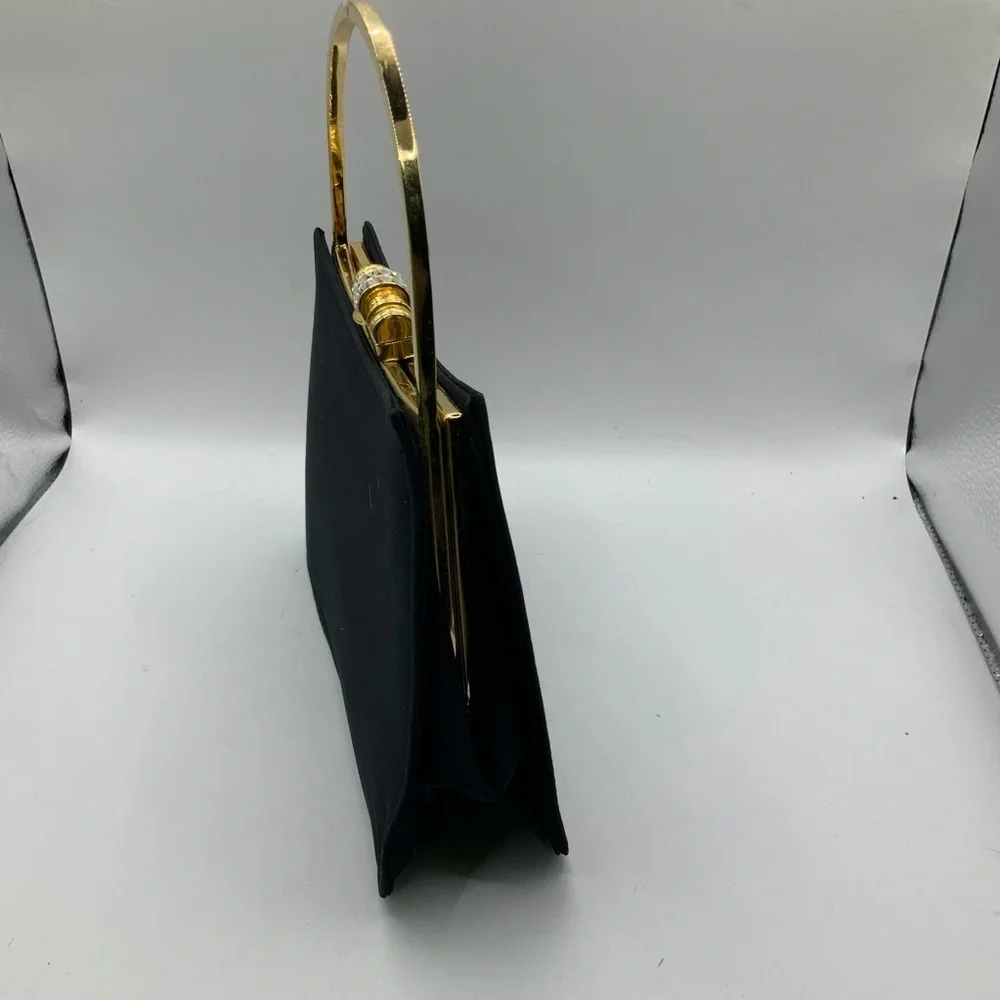 Y&S Vintage Elegant Black Satin Gold Accents Crystal Embellished Clasp Handbag